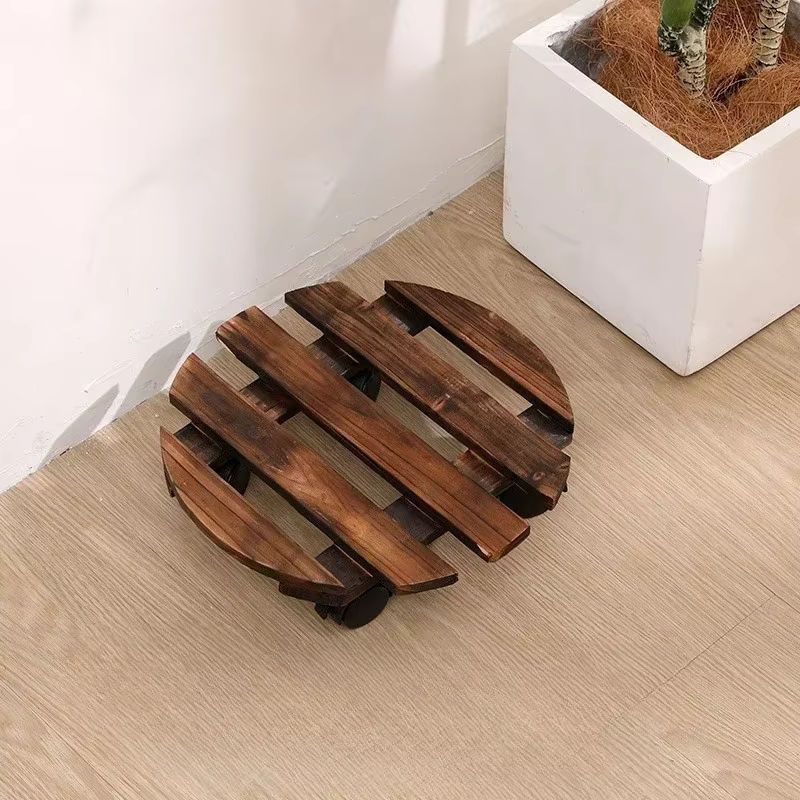 Beweglicher Blumenständer aus Massivholz in Braun mit Rollen für Blumentöpfe und Bonsai, B/T/H: 25,0 x 25,0 x 8,0 cm - Bild 5