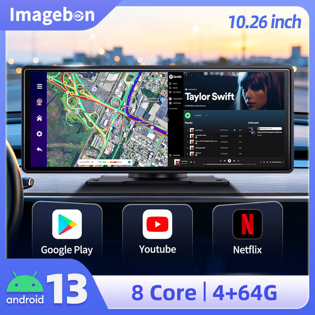 Imagebon E64 Android 13 Dashcam mit 10,26 Zoll Display, 8-Kern Prozessor, 4GB RAM + 64GB Speicher, Wireless CarPlay, Android Auto, Split Screen, Netflix, Google Play und GPS in Schwarz - Bild 1