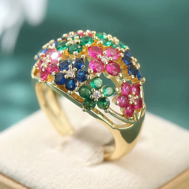 Damenring, Gold, mehrfarbige Zirkonia, Blume - Bild 3