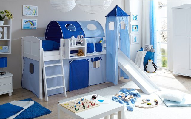 TiCAA Kinder Hochbett Ekki Country aus Kiefer mit Rutsche und Turm, Farbe Weiß Classic - Bild 1