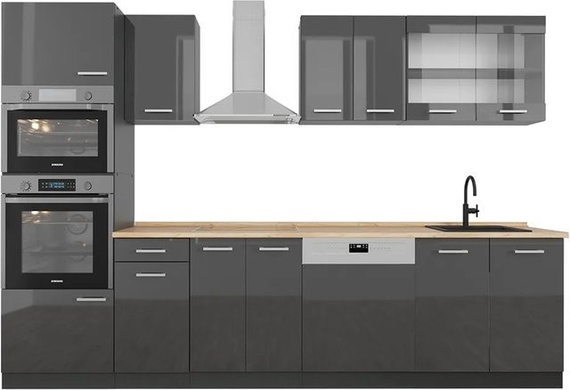 Vicco R-Line Küchenzeile Anthrazit Hochglanz mit Hochschrank Breite: 300 cm - Bild 1