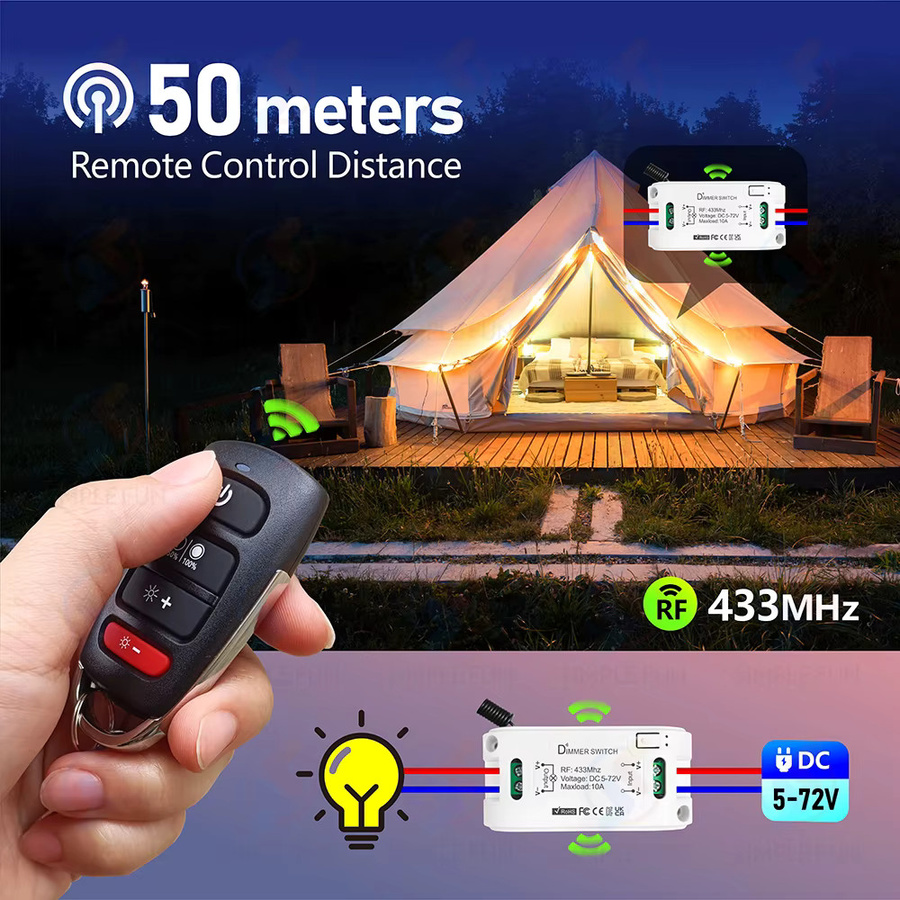 SLMPLEFUN Wireless Dimmer Fernbedienung und Mini-Empfänger 433MHz für LED-Helligkeitseinstellung DC 5V-72V - Bild 5