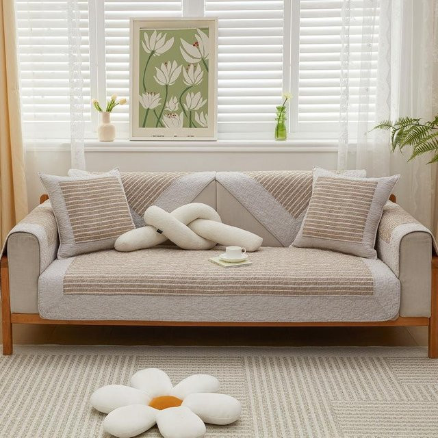 Super Six Sofakissen aus reiner Baumwolle mit Streifenmuster in Grau und Beige, B/B: 70 x 70 cm - Bild 1