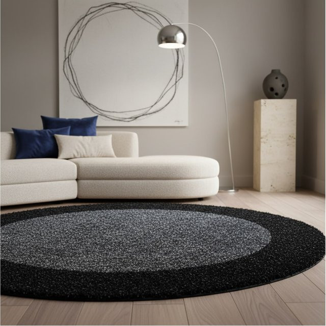 Kadima Design Hochflor Teppich RHEIN in Anthrazit mit Bordüre, Durchmesser: 160 cm - Bild 1