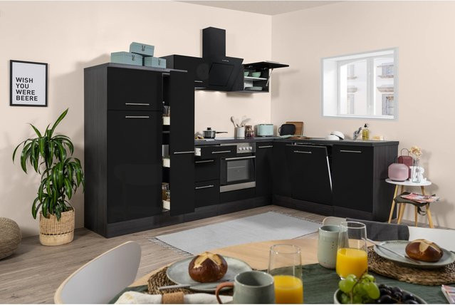 Respekta Premium Winkelküche RP290ESC in Schwarz Hochglanz und Grau mit Soft-Close-Türen und Schubladen, B/T/H: 290 x 200 x 54,5 cm - Bild 1