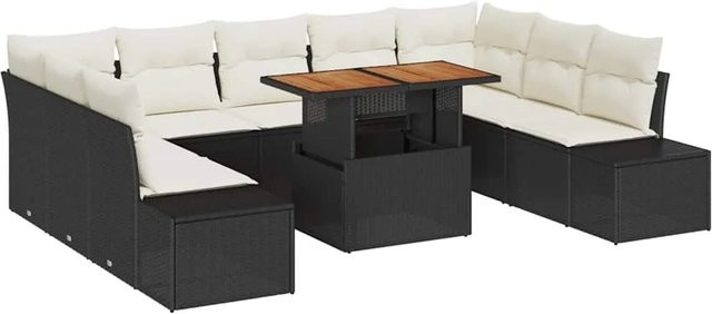vidaXL Garten-Sofa-Set aus Polyrattan in Schwarz mit 10 Teilen, U-Form mit integriertem Stauraum und Polsterkissen - Bild 1