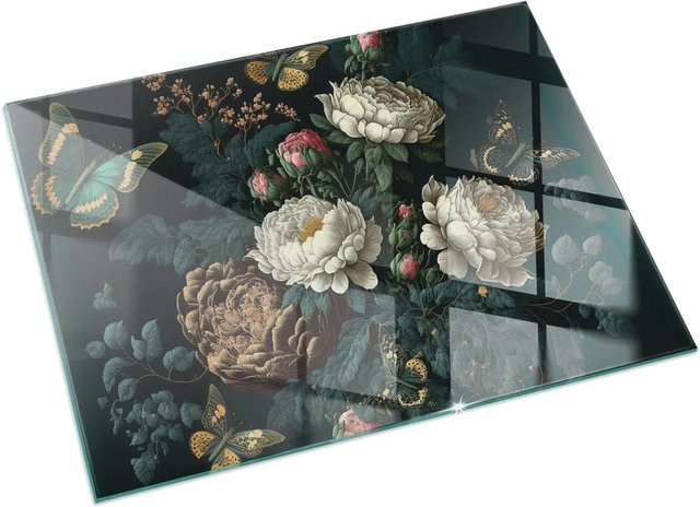 Tulup Glasplatte für Kaminöfen mit Blumenmuster und Schmetterlingen in Grün, B: 60 cm, H: 40 cm - Bild 1