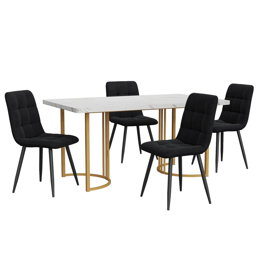 Merax Essgruppe 5-teilig mit Esstisch und 4 Samtstühlen, Farbe Schwarz Weiß Gold, Tisch B: 140 cm, T: 80 cm - Bild 2
