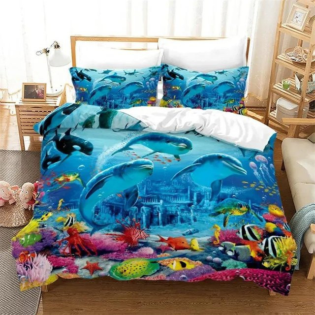 Wucifang Bags Kinder Bettwäsche Set mit Ozean Fische Motiv aus Mikrofaser in Blau, Breite: 70 cm, Länge: 133 cm - Bild 1