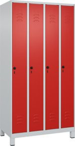 C+P Spind Classic PLUS Garderobenschrank mit 4 Abteilen, Füße, Sicherheits-Drehriegel und 3 Garderobenhaken, Grau/Rot, H x B x T: 195 x 100 x 50 cm - Bild 1