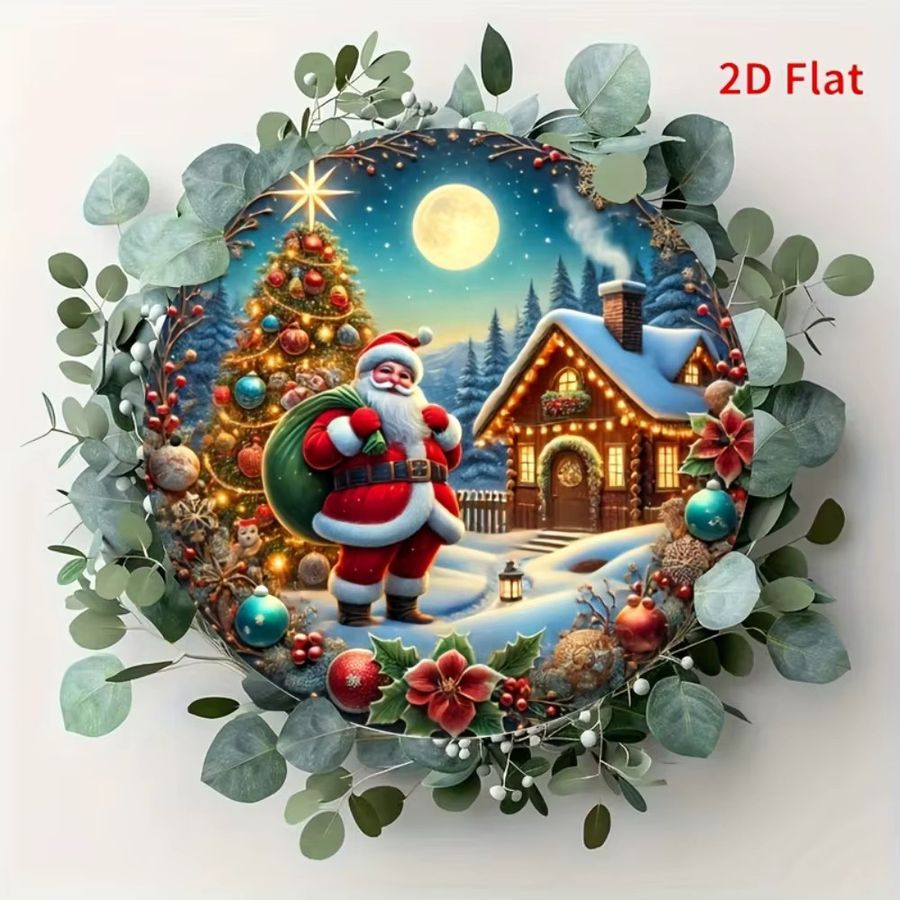 HELLOYOUNG Merry Christmas Metallschild kreisförmig mit Weihnachtsmann-Kranz-Design in Multicolor als Wandbehang für deine Weihnachtsdekoration Durchmesser: 20 cm - Bild 3
