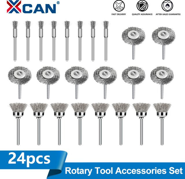XCAN 24er Set Edelstahl Drahtbürsten und Rad-Pinsel zum Polieren und Schleifen für Dremel Drehwerkzeuge zur Metall- und Rostentfernung in Silber - Bild 1
