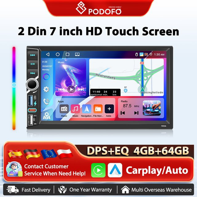 Podofo 7 Zoll Carplay Autoradio mit Android Auto, 4+64GB, WIFI, GPS Navigation und DSP DVR, Schwarz - Bild 1