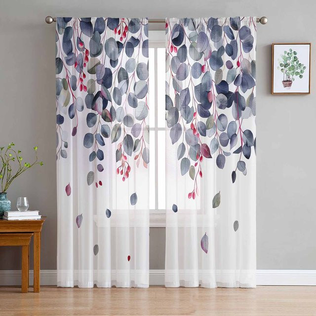 Transparente Chiffon-Tüllvorhänge mit Aquarell-Blättern und Zweigen von Super Six in Grau, Breite: 135 cm, Höhe: 114 cm - Bild 1