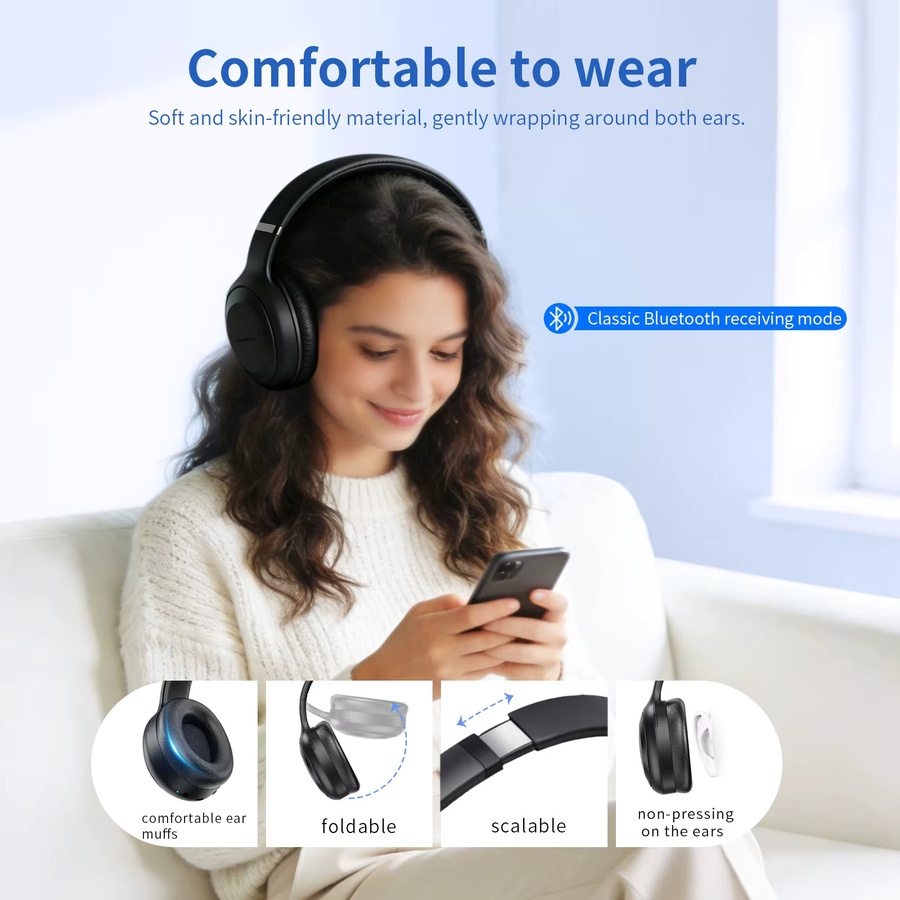 eppfun Bluetooth 5.4 Over-Ear-Kopfhörer mit Auracast, 3,5-mm-AUX-Eingang und 500mAh Akku in Schwarz - Bild 2