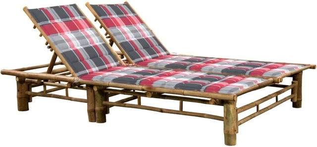 vidaXL 2-Personen-Sonnenliege aus Bambus mit wetterfesten Auflagen, Farbe: Braun/Rot, B/T/H: 200 x 130 x 24-87 cm - Bild 1