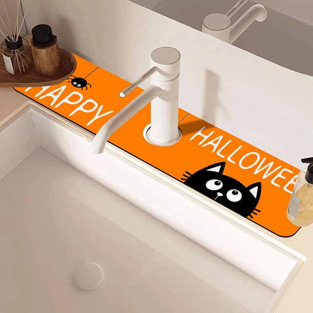 VIKAMA Halloween-Küchentuch mit Cartoon-Katzenmuster in Orange, sehr saugfähig und rutschfest zur Dekoration der Küchenspüle, B/T/H: 60 x 60 x 15 cm - Bild 1