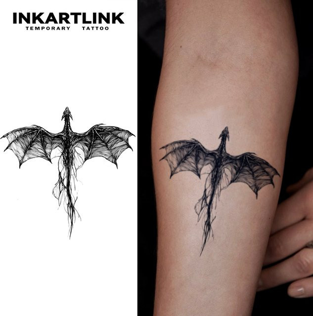 INKARTLIN Tattoo Aufkleber, Strichzeichnung geflügelter Drache, wasserdicht - Bild 1