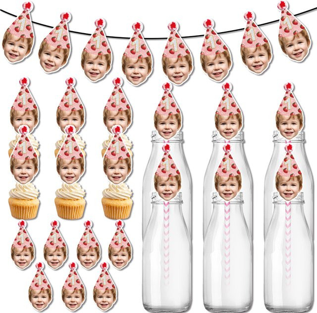 Cyuan Erdbeer Party-Dekorationsset mit Banner, Kuchendekoration und Strohhalm-Zubehör für Babyparty und Geburtstag - Bild 1