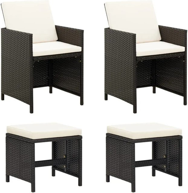 Furnicato 4-tlg Gartenmöbel-Set aus schwarzem PE-Rattan mit Stühlen und Hockern, Farbe: Schwarz, Stuhl B: 52 cm, T: 60 cm, H: 85 cm, Hocker B: 40,5 cm, T: 40,5 cm, H: 35 cm - Bild 1