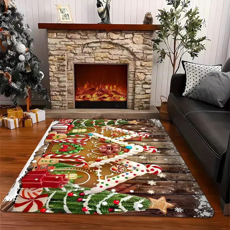 VIKAMA Druckteppich Set mit Weihnachtsthema und Süßigkeiten-Hüttenmuster für Schlafzimmer, Eingang, Garten und Terrasse - Bild 5