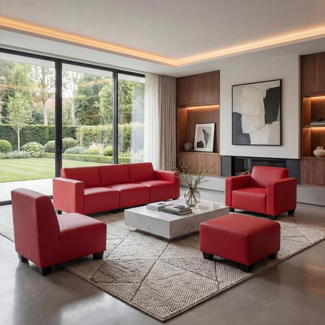 Couch-Garnitur Moncalieri MCW im modernen Lounge-Stil aus Kunstleder in Rot, Set bestehend aus 3-1-1-1 Sitzelementen - Bild 1