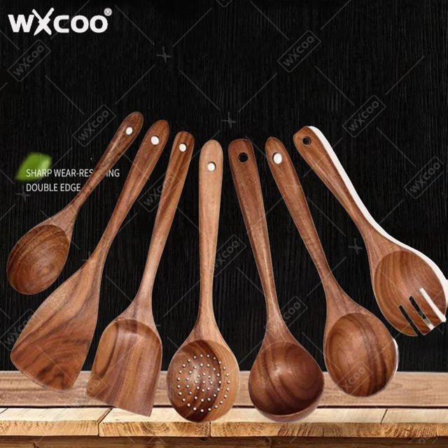 WXCOO Küchenlöffel-Set aus natürlichem Teakholz in Braun, ideal für antihaftbeschichtete Pfannen - Bild 1