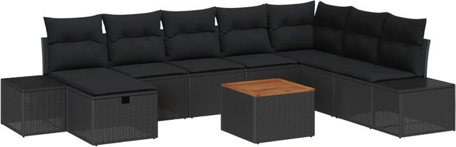 vidaXL Garten-Sofa-Set aus Polyrattan in Schwarz mit 9 Teilen und Kissen inklusive Stauraumfunktion - Bild 1