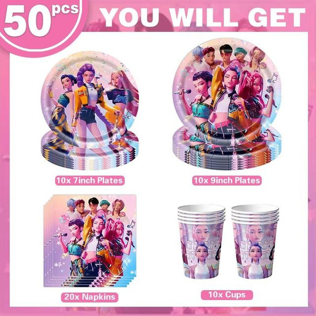 K-Pop Kindergeburtstagsparty Zubehör All-in-One Dekorationsset aus Papier in Mehrfarbig mit Bechern, Süßigkeitenboxen, Geschenktüten und Banner - Bild 1