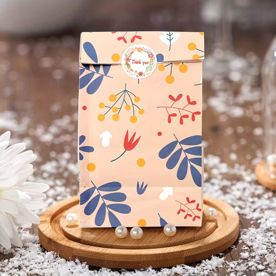 Pflanzenmuster Kraftpapier-Geschenktüten mit Aufklebern für Süßigkeiten und Bäckerei, Mehrfarbig, 12 oder 24 Stück - Bild 2