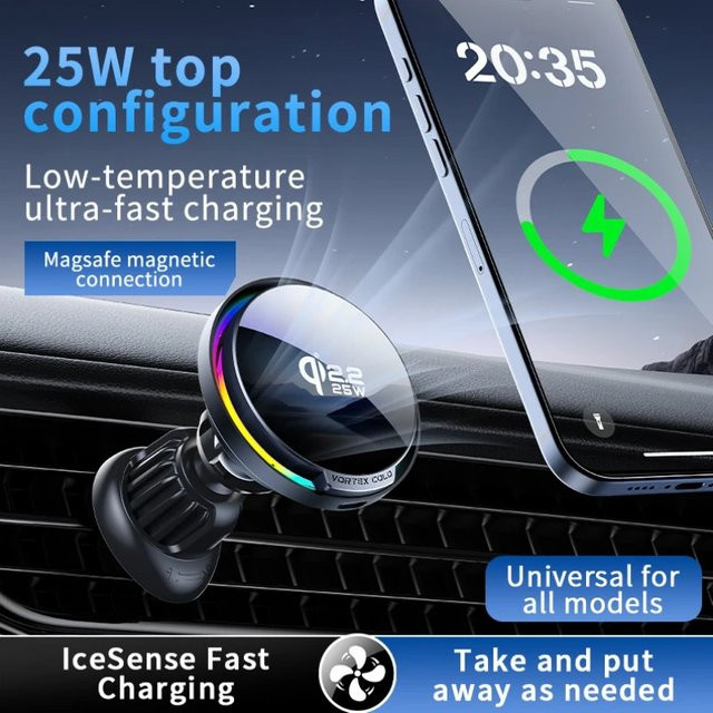 VIKEFON 25W Qi2.2 Magnetisches Kabelloses Autoladegerät mit RGB Lüftungsschlitz-Handyhalterung für MagSafe, iPhone und Android in Schwarz - Bild 1
