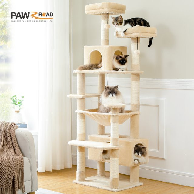 PEQULTI Mehrstufiger Kratzbaumturm für Katzen mit Hängematte, Katzenhöhle und integriertem Spielzeug - Bild 1