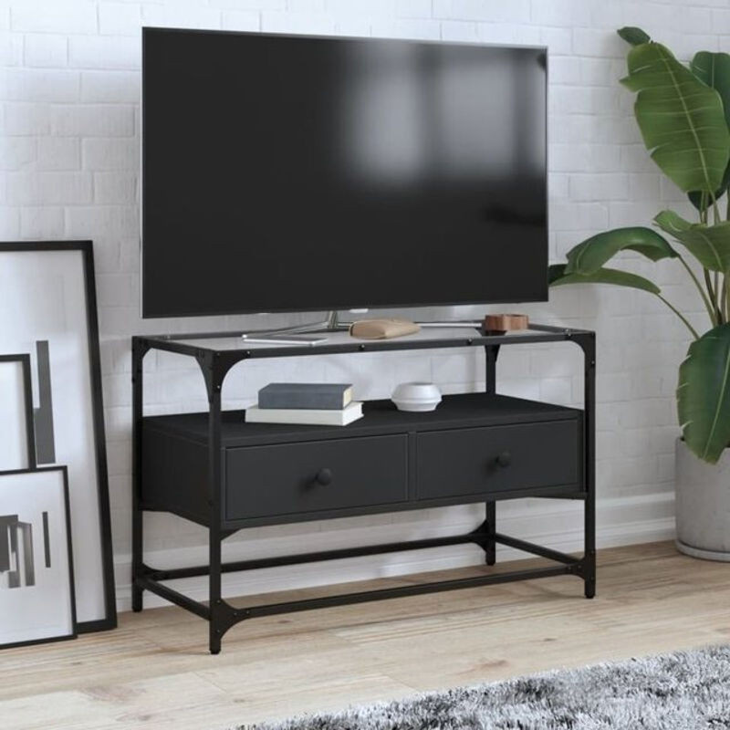 Vidaxl TV-Schrank im Industrial Design aus Holzwerkstoff und Metall mit Glasplatte, Schwarz, B/T/H: 80 x 35 x 51 cm - Bild 1