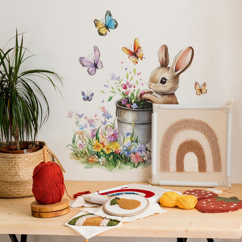 Wandaufkleber mit Cartoon Kaninchen, Blumen und Schmetterlingen in Multicolour, B/H: 30 x 40 cm - Bild 2
