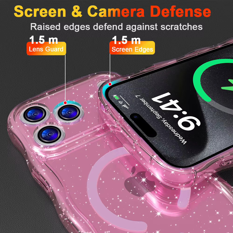 Xeber Bling-Glitzer-Magnethülle für iPhone 17, 16, 15 Pro Max Plus, stoßfest und weich, Farbe: Transparent/Pink - Bild 2