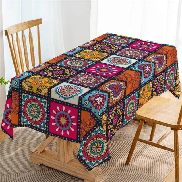 VIKAMA Wasserabweisende Tischdecke aus Leinen mit ethnischem geometrischem Boho-Print in Mehrfarbig - Bild 1