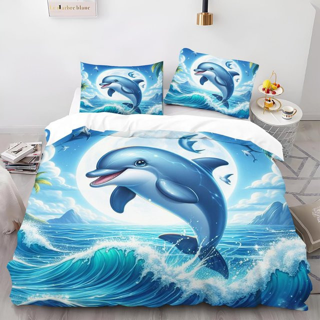 Bettwäsche Set mit Cartoon Delfin Motiv für Kinder und Erwachsene, Bettbezug und Kissenbezug aus Polyester in Blau, B/T: 135 x 200 cm und 90 x 200 cm - Bild 1
