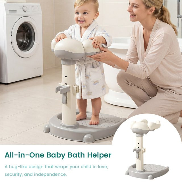 momo&dudu Baby-Badeständer mit umarmendem Design, höhenverstellbare Kleinkind-Badehilfe in Grau und Weiß, rutschfeste Duschstütze für Vorder- und Rückenwäsche - Bild 1