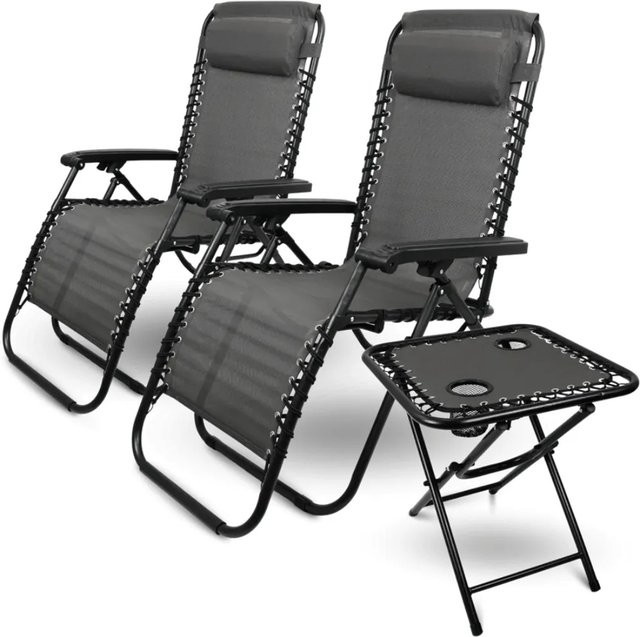 DELUKE 2er Set BRUK Liegestühle klappbar mit Klapptisch und Kopfkissen, wetterfeste Gartenstühle Hochlehner in Anthrazit - Bild 1