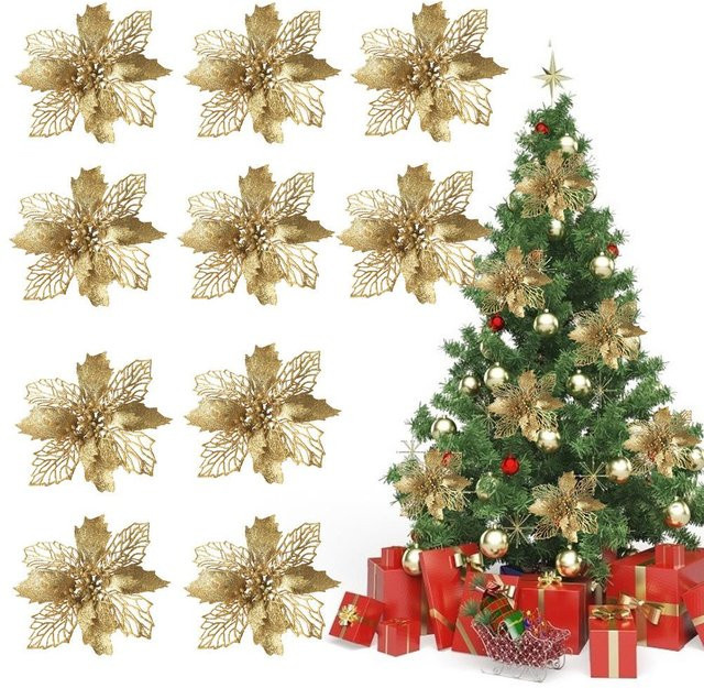 10 Stück CosyHome Weihnachts Glitzer Poinsettia Blumen, künstliche Weihnachtsdekoration in Beige und Gold - Bild 1