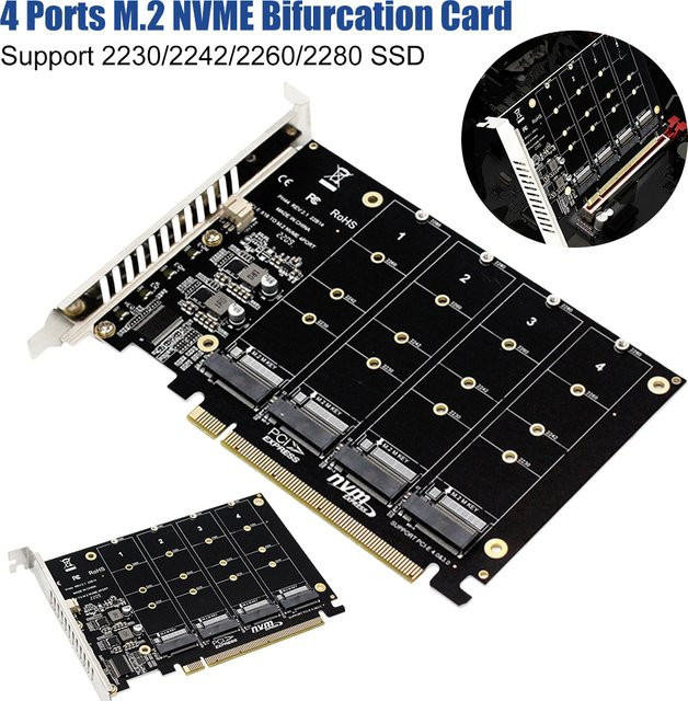 APWIKOGER M.2 NVMe PCIe x16 SSD-Adapterkarte mit 4 Anschlüssen und LED-Anzeige in Schwarz-Rot zur Unterstützung von 2230/2242/2260/2280 SSDs - Bild 1