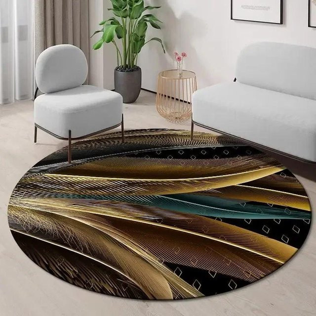 Karpetti Runder Teppich Goldenes Ginkgoblatt Abstrakt Geometrisch Rutschfest für Wohnzimmer Schlafzimmer Küche Durchmesser: 60 cm - Bild 1
