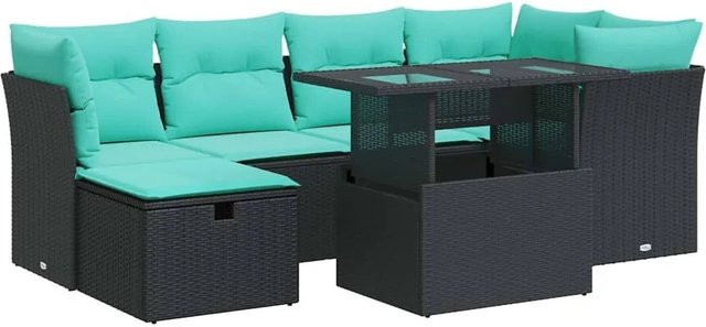 vidaXL 7-teilige Garten-Sofagarnitur in L-Form aus schwarzem Poly-Rattan mit wetterfesten Kissen und pulverbeschichtetem Stahlgestell - Bild 1