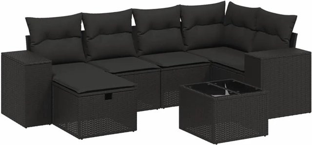 vidaXL 7-tlg Garten-Sofagarnitur in L-Form aus schwarzem Poly-Rattan mit UV-beständigen Kissen und pulverbeschichtetem Stahlgestell - Bild 1
