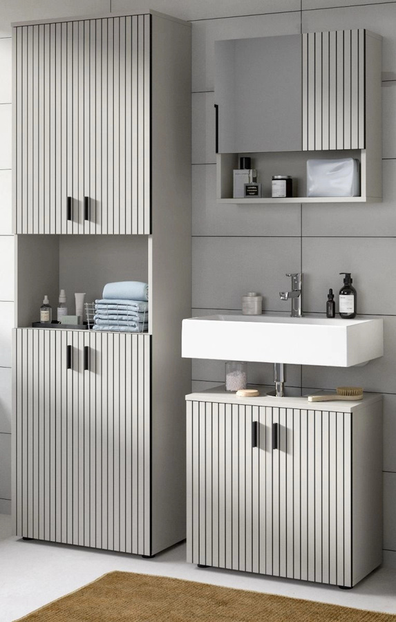 3-teiliges Badmöbel Set Livia von Inn.Furn in Kaschmir, bestehend aus Waschtischunterschrank, Spiegelschrank und Hochschrank, Breite: 135 cm - Bild 1