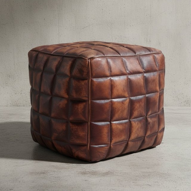 KADIMA DESIGN Sitzhocker aus Echtleder mit abgesteppten Quadraten in Braun im Used-Look, B/T/H: 41 x 39 x 39 cm - Bild 1