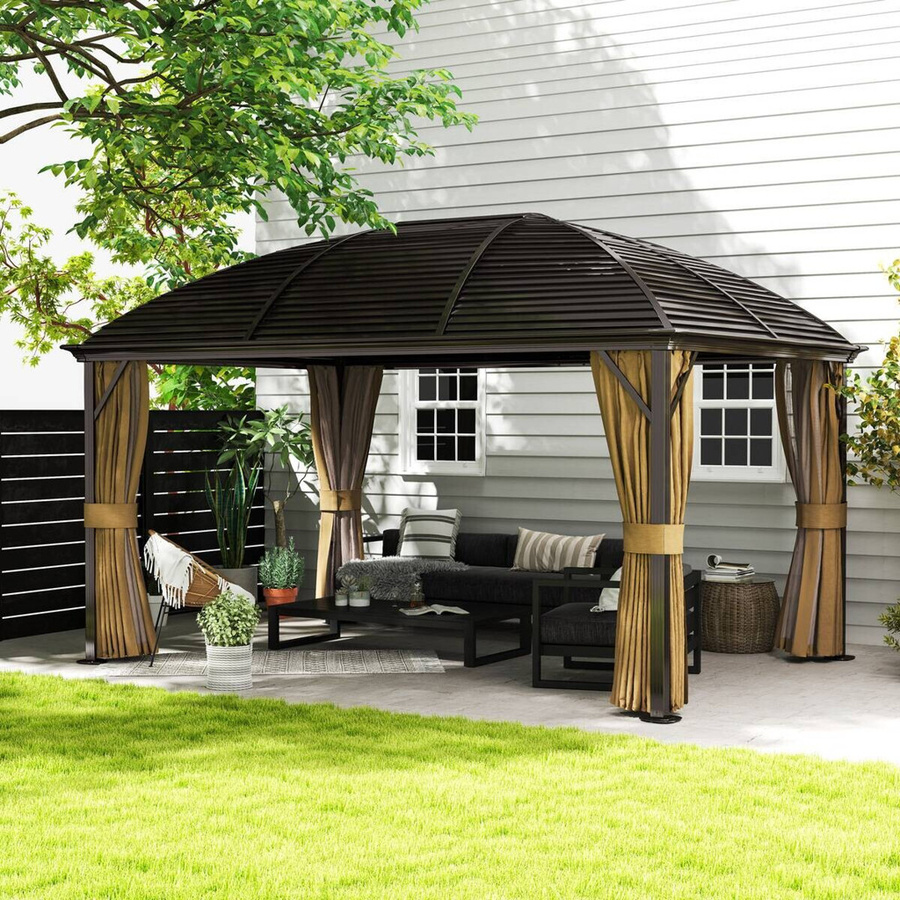 Outsunny Gartenpavillon mit Hardtop aus Aluminium in Braun, wetterfester Pavillon mit Moskitonetz und Seitenteilen, B/T/H: 400 x 300 x 298 cm - Bild 3