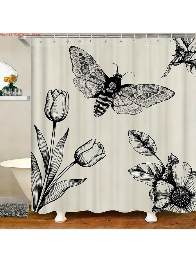 Wasserdichter Duschvorhang mit Vintage-Motten- und Blumenskizzen-Motiv in Weiß, B/H: 180 x 90 cm - Bild 2