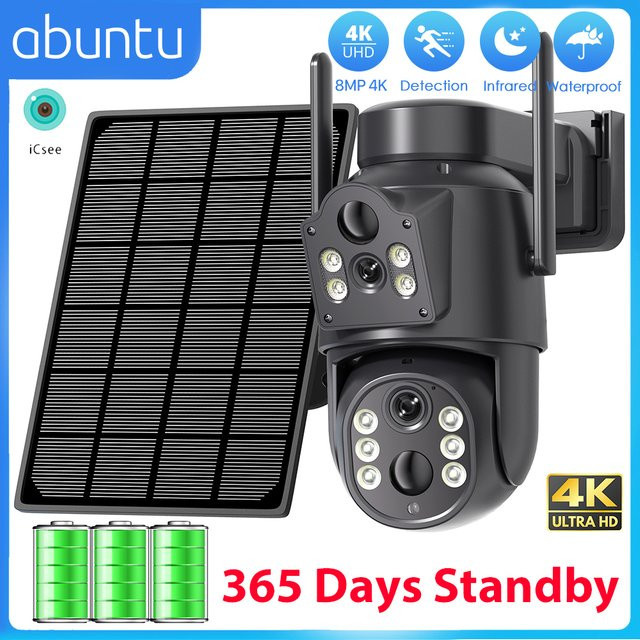 Abuntu Solar-WiFi-Kamera für den Außenbereich mit 8MP 4K HD Auflösung, Doppellinse und eingebautem Akku, drahtlose Videoüberwachung in Schwarz mit ICSee App-Unterstützung - Bild 1
