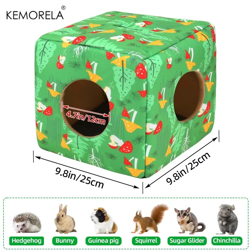 KEMORELA Kleintierbett für Meerschweinchen und Hamster, quadratisches Versteck mit abnehmbarem Bezug, grün floral, Textil - Bild 5